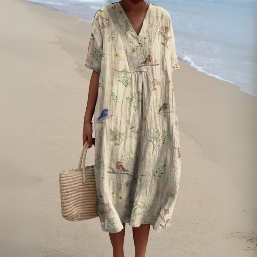 Women’s V-neck printed midi dress with short sleeves, lightweight fabric, multicolor botanical