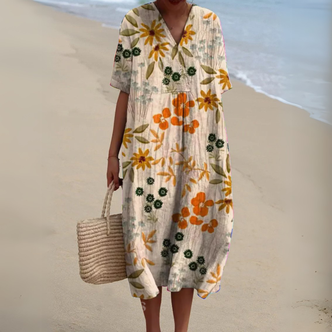 Women’s V-neck printed midi dress with short sleeves and gathered waist, multicolor flower print