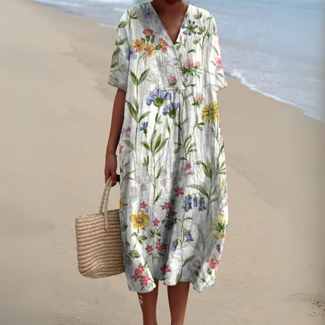 Women’s V-neck printed midi dress with short sleeves and gathered waist, multicolor wildflower print