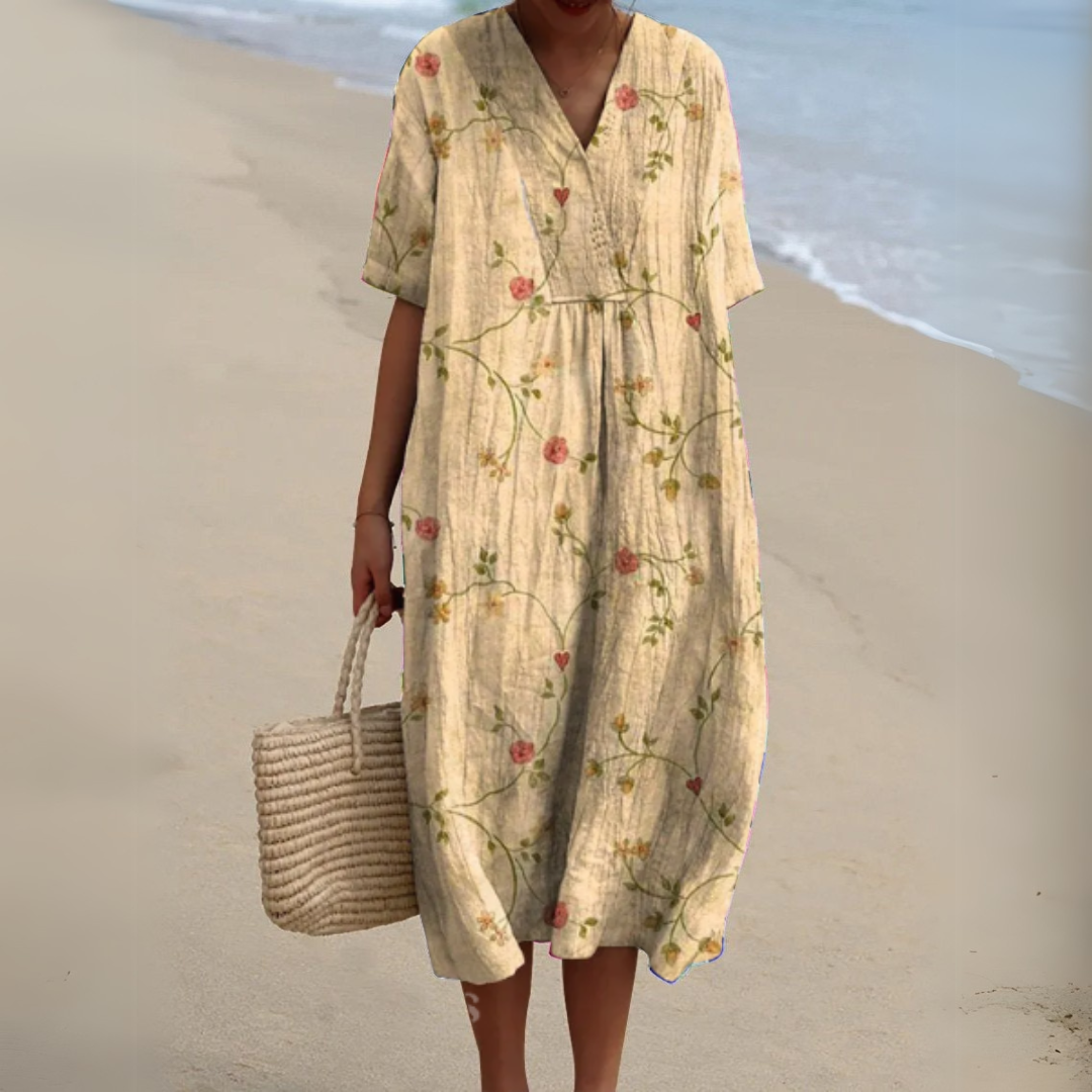 Women’s V-neck printed midi dress with short sleeves and adjustable waist, cream floral vine print