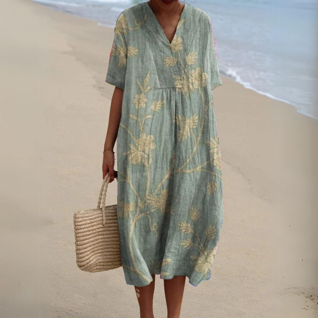Women’s printed V-neck midi dress with adjustable waist, blue-green floral pattern