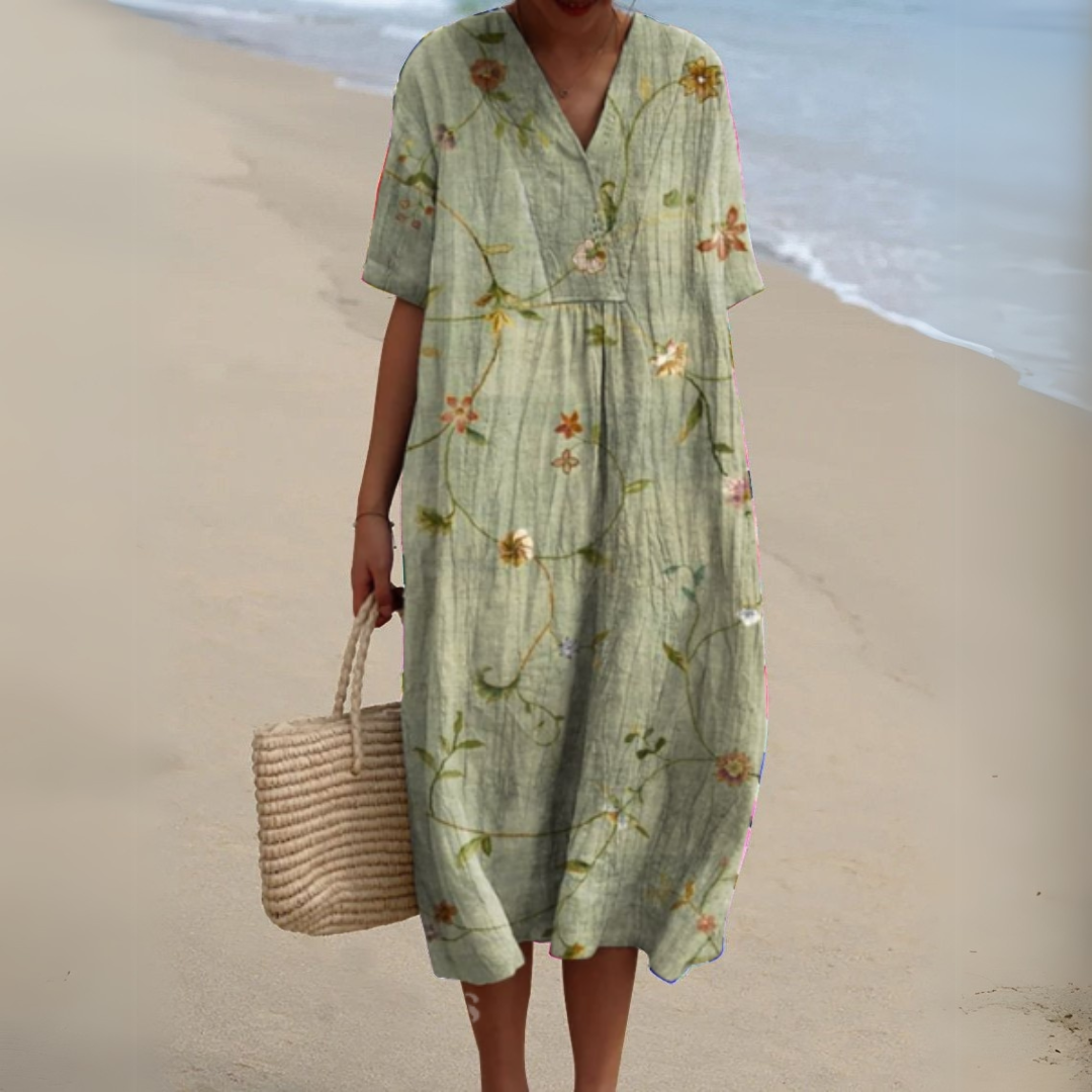 Women’s printed V-neck midi dress with adjustable waist, sage green with orange floral print