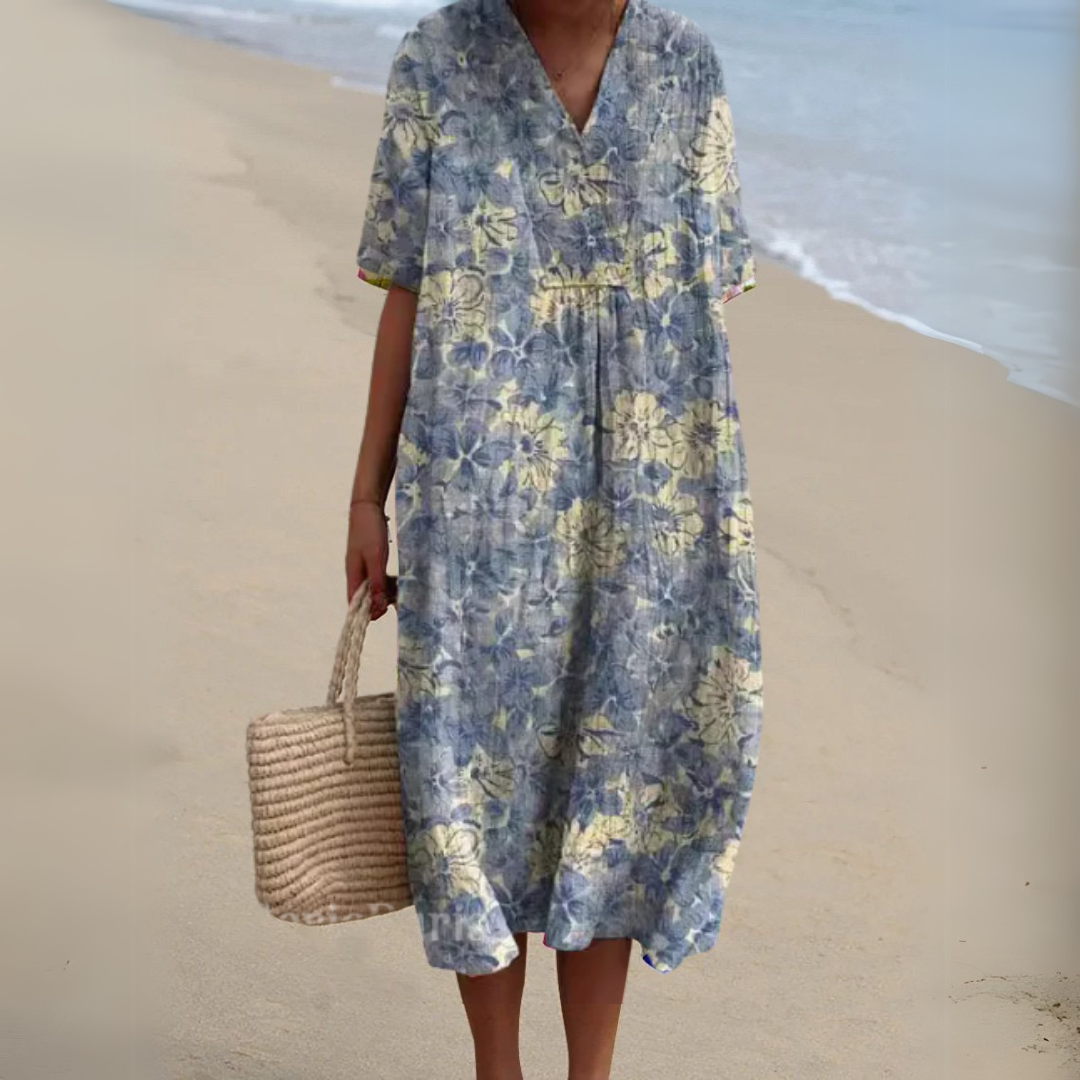 Women’s printed V-neck midi dress with adjustable waist, blue floral vine pattern