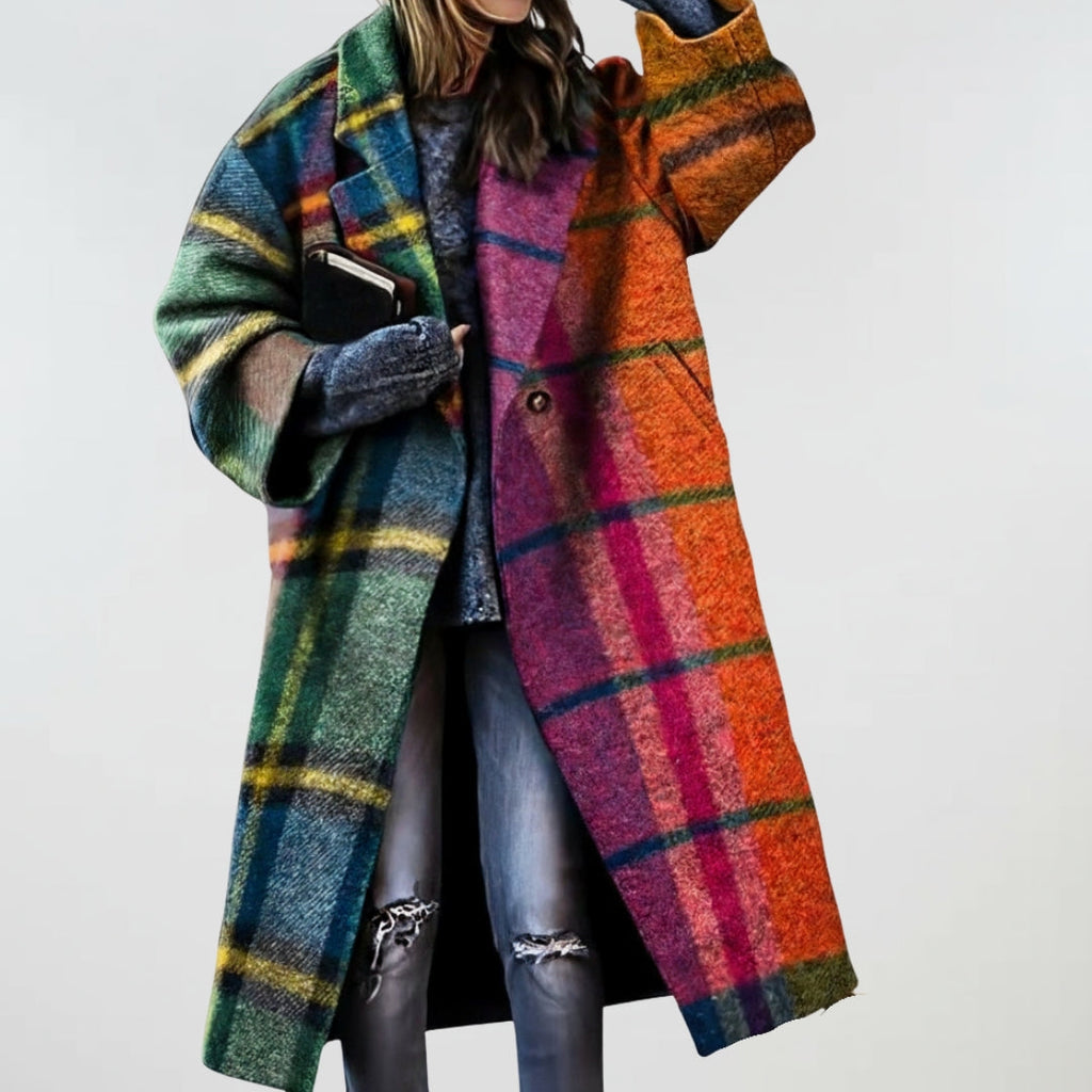 Oversized coat in multicolor check plaid with button front and patch pockets