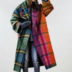 Oversized coat in multicolor check plaid with button front and patch pockets