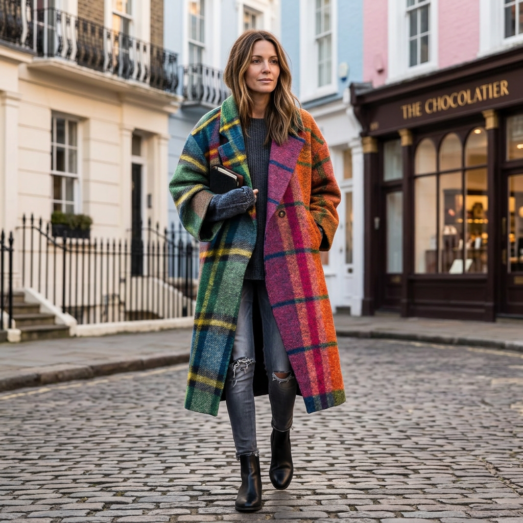 Multicolor plaid oversized coat, long button-front with pockets and notched collar