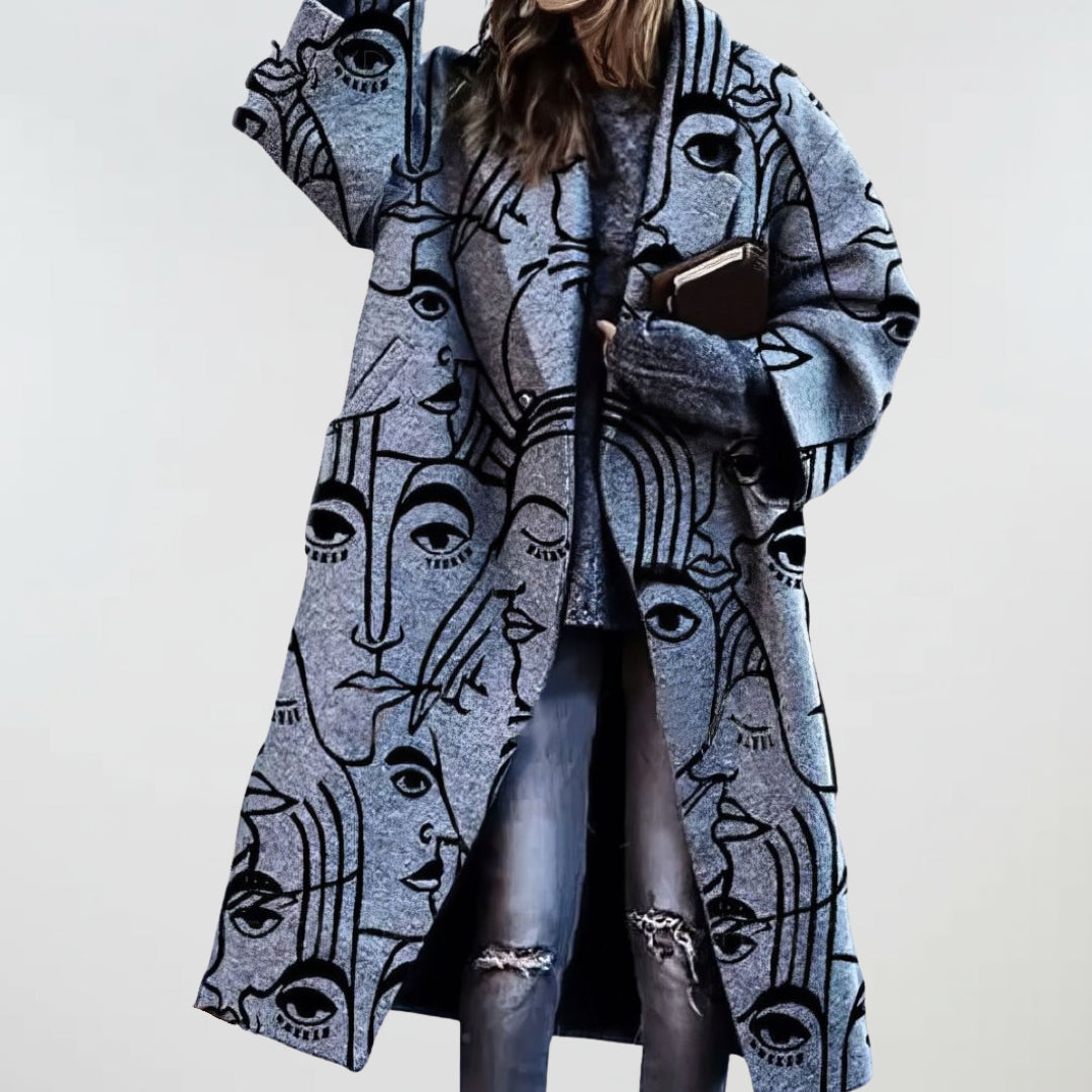 Oversized gray coat with line-art faces pattern, button front and side pockets