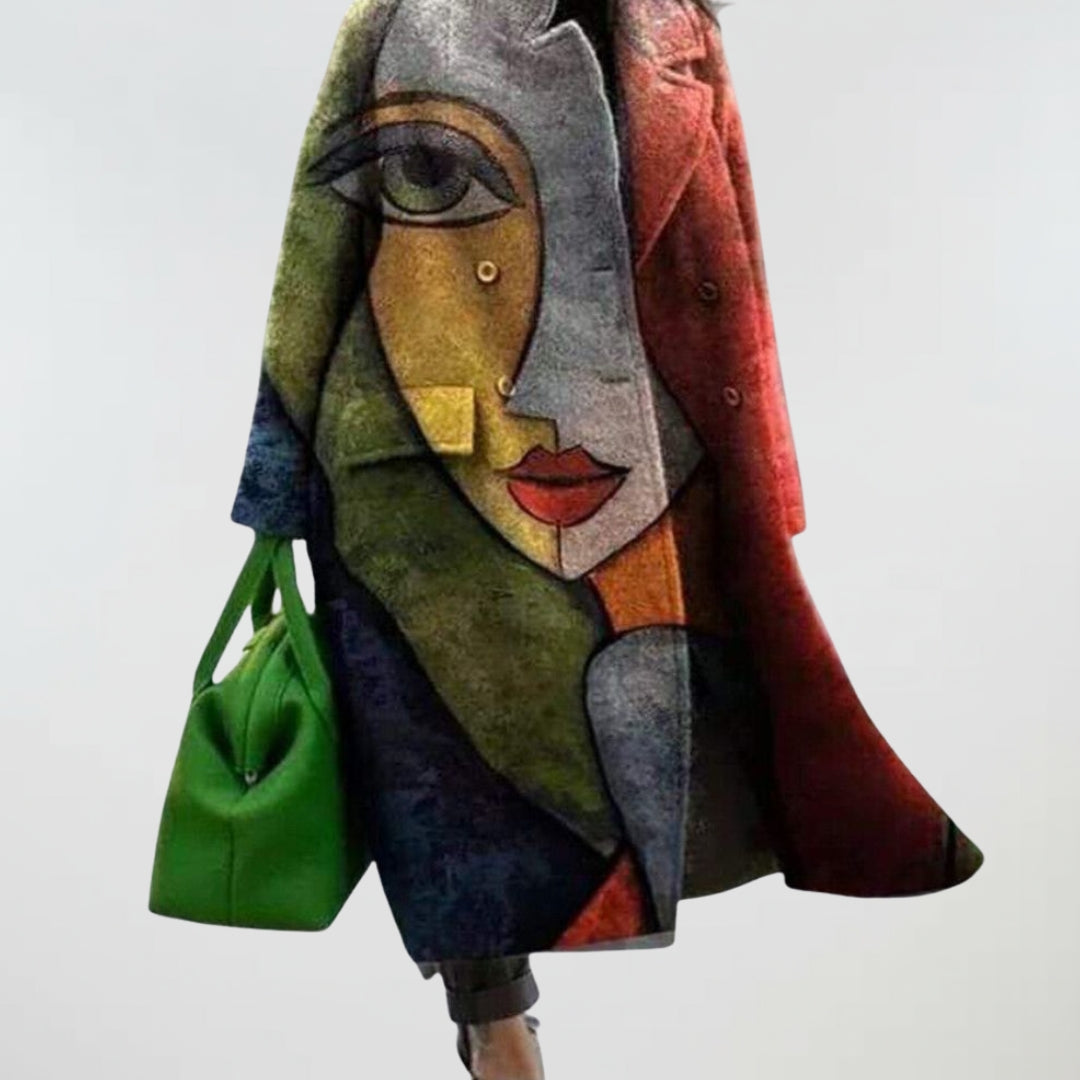 Oversized coat with colorful face portrait print and button front