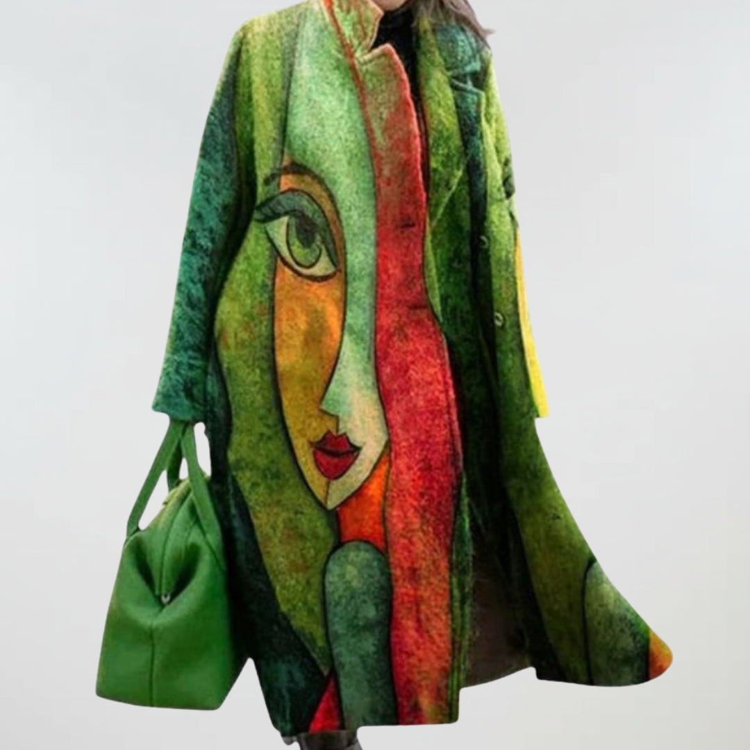 Oversized green coat with large face portrait artwork and button front