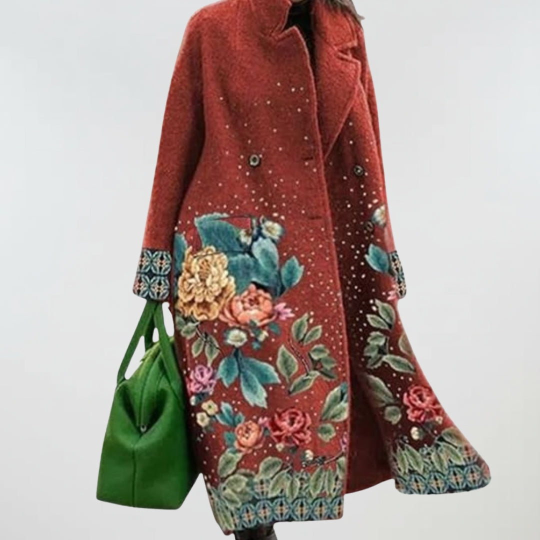 Oversized rust red coat with floral and sparkle pattern, button front and side pockets