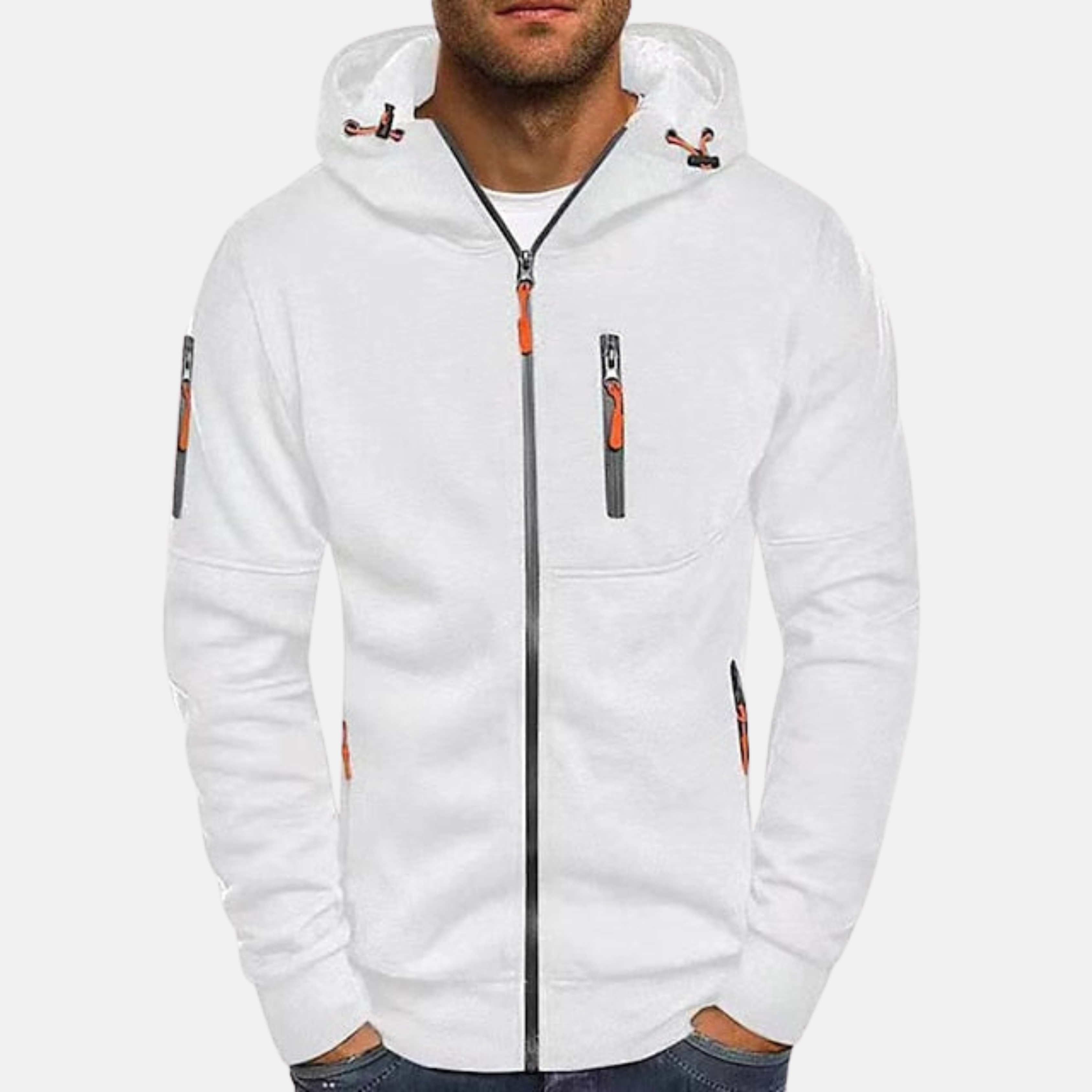 Men's white zip-front fleece hoodie with hood, front pockets, and orange zipper pull
