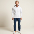 White lightweight fleece vest for men, full-zip front with multiple zip pockets