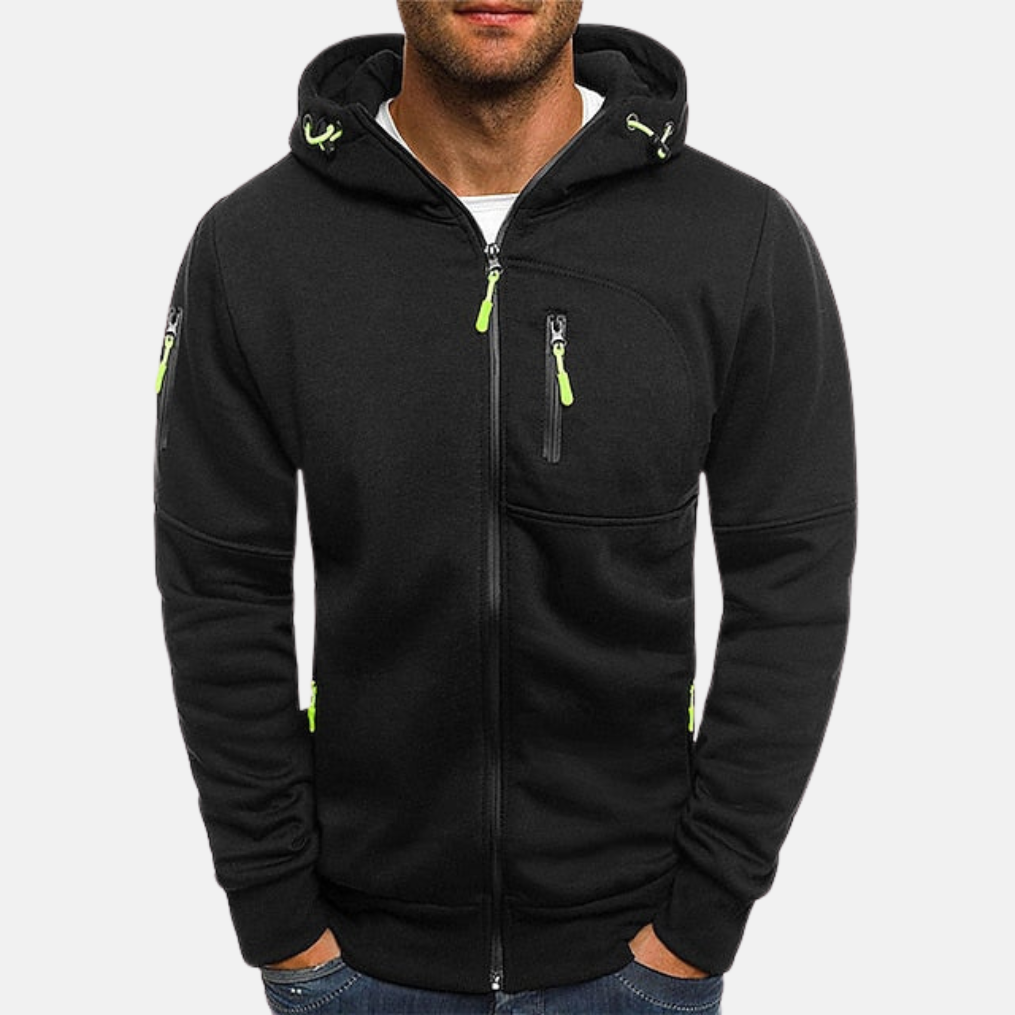 Men's black zip-front fleece hoodie with hood, front pockets, and neon zipper pulls