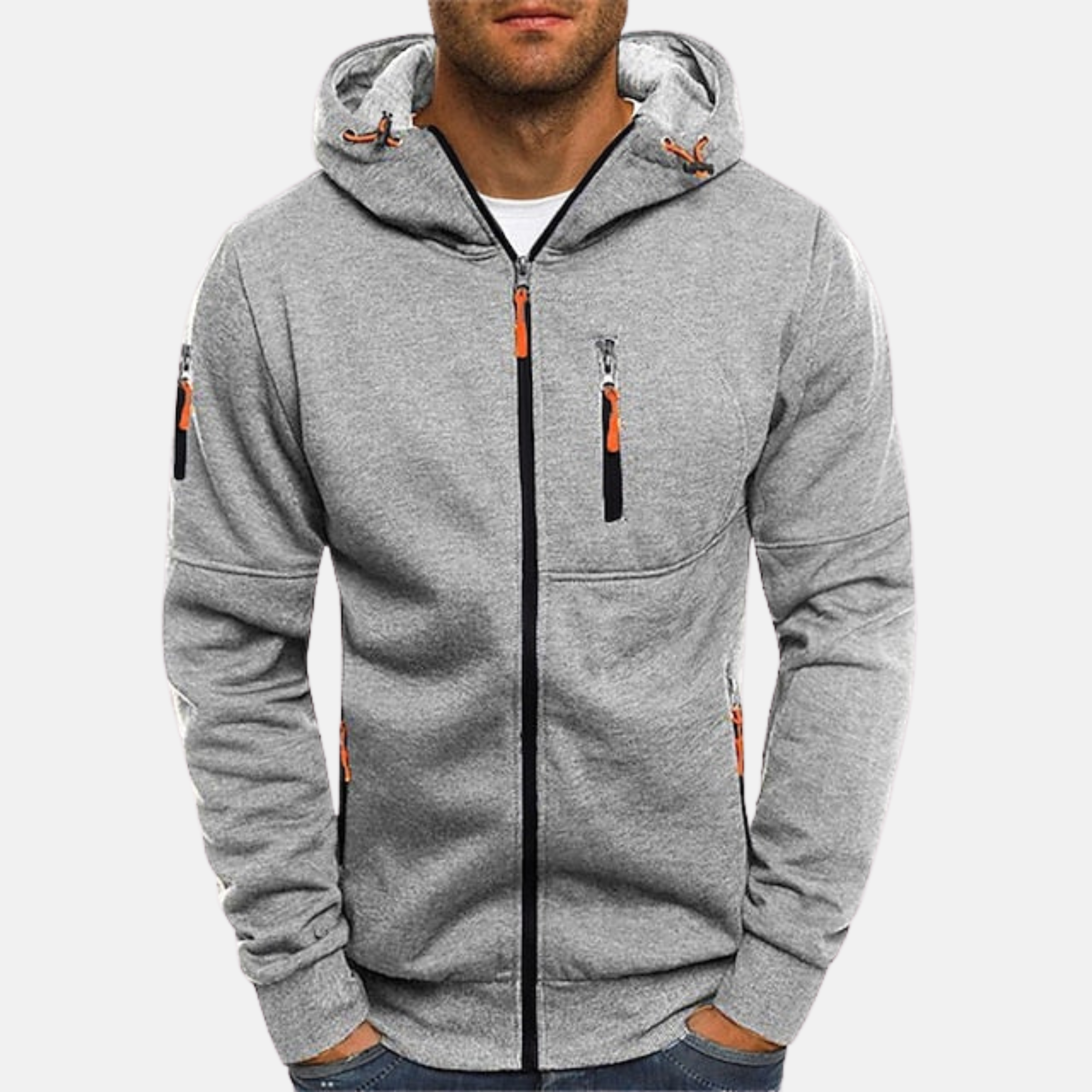 Men's light gray zip-front fleece hoodie with hood, front pockets, and orange zipper pull