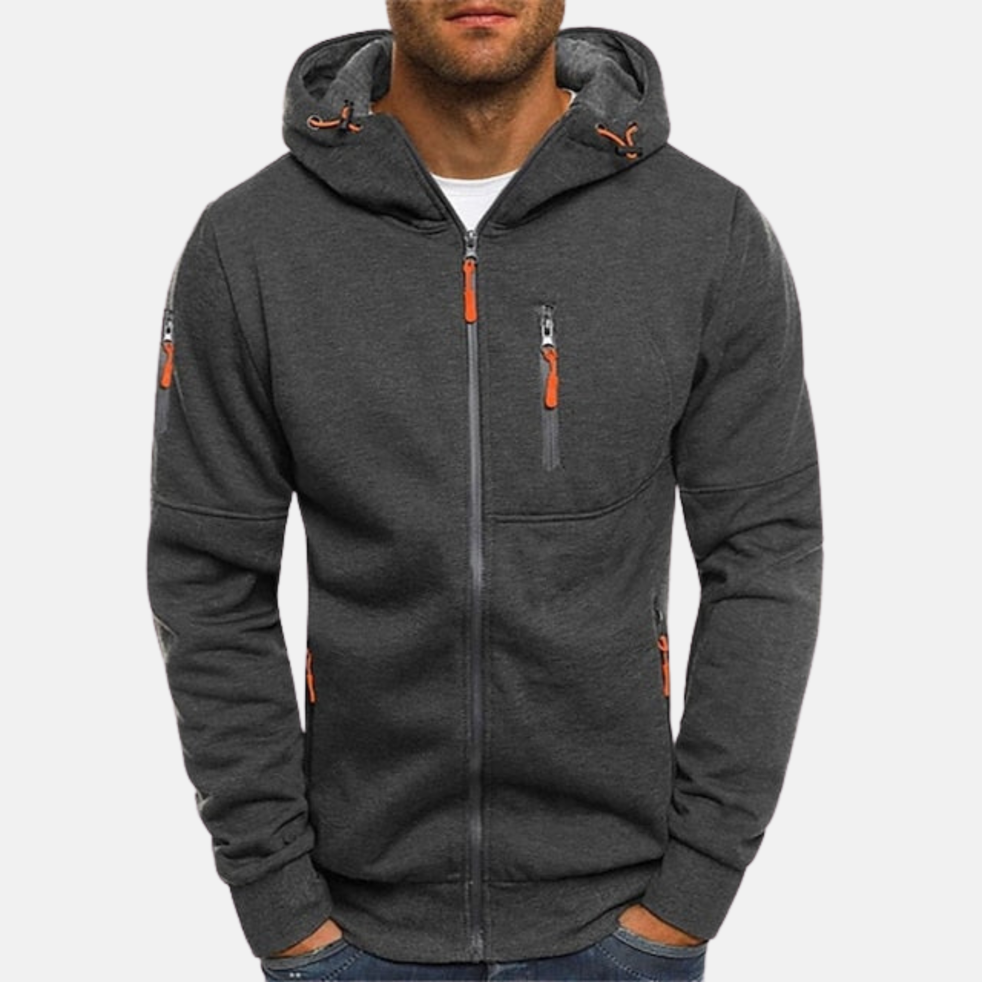 Men's dark gray zip-front fleece hoodie with hood, front pockets, and orange zipper pull