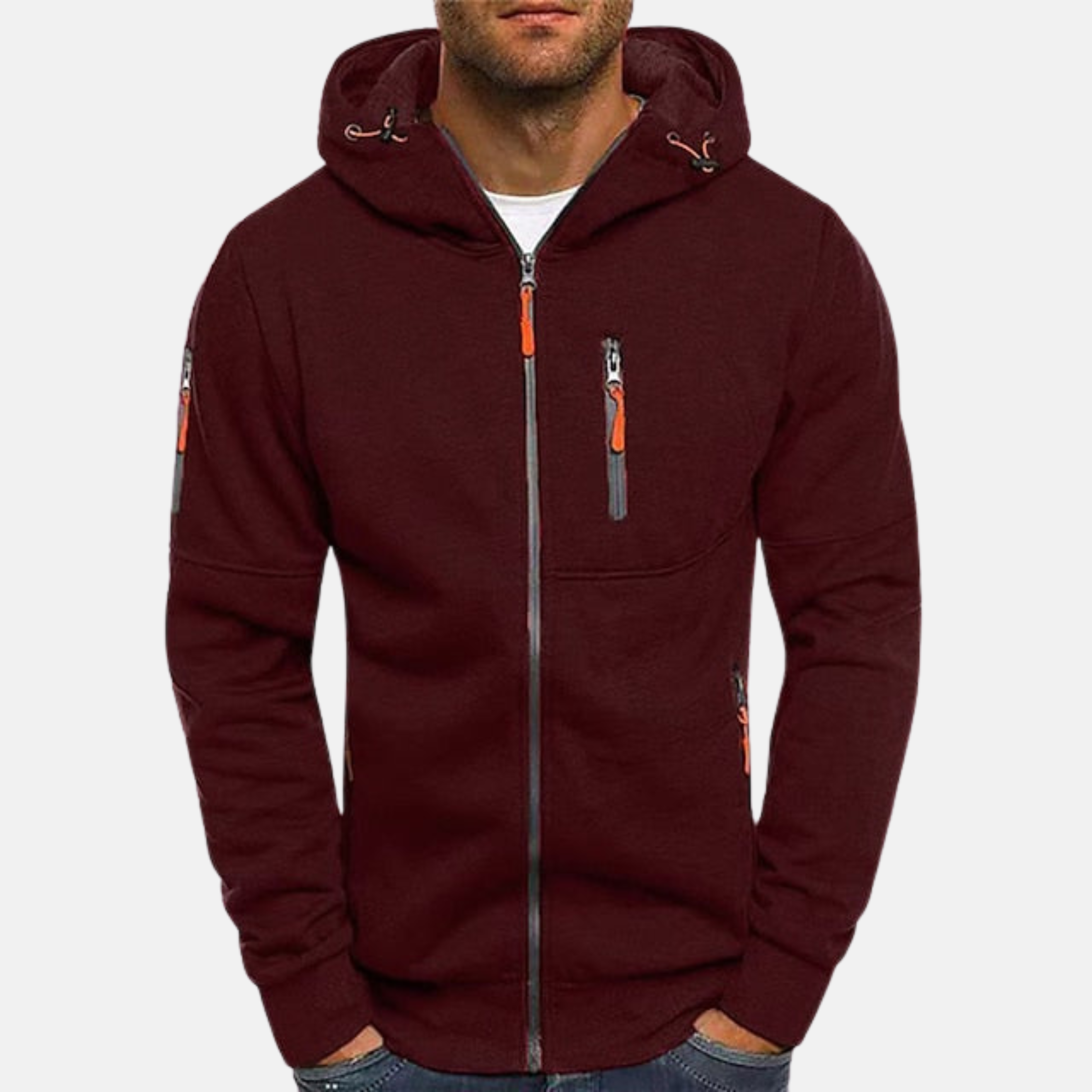 Men's maroon zip-front fleece hoodie with hood, front pockets, and orange zipper pull