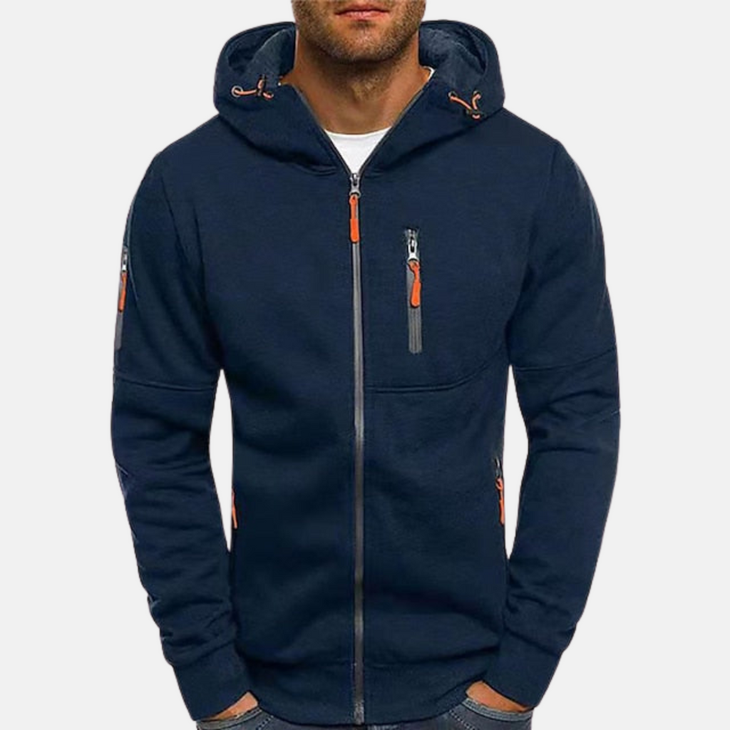 Men's navy blue zip-front fleece hoodie with hood, front pockets, and orange zipper pull