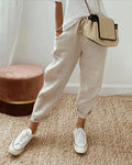 Cropped drawstring trousers, loose relaxed fit, beige, cuffed ankle hem