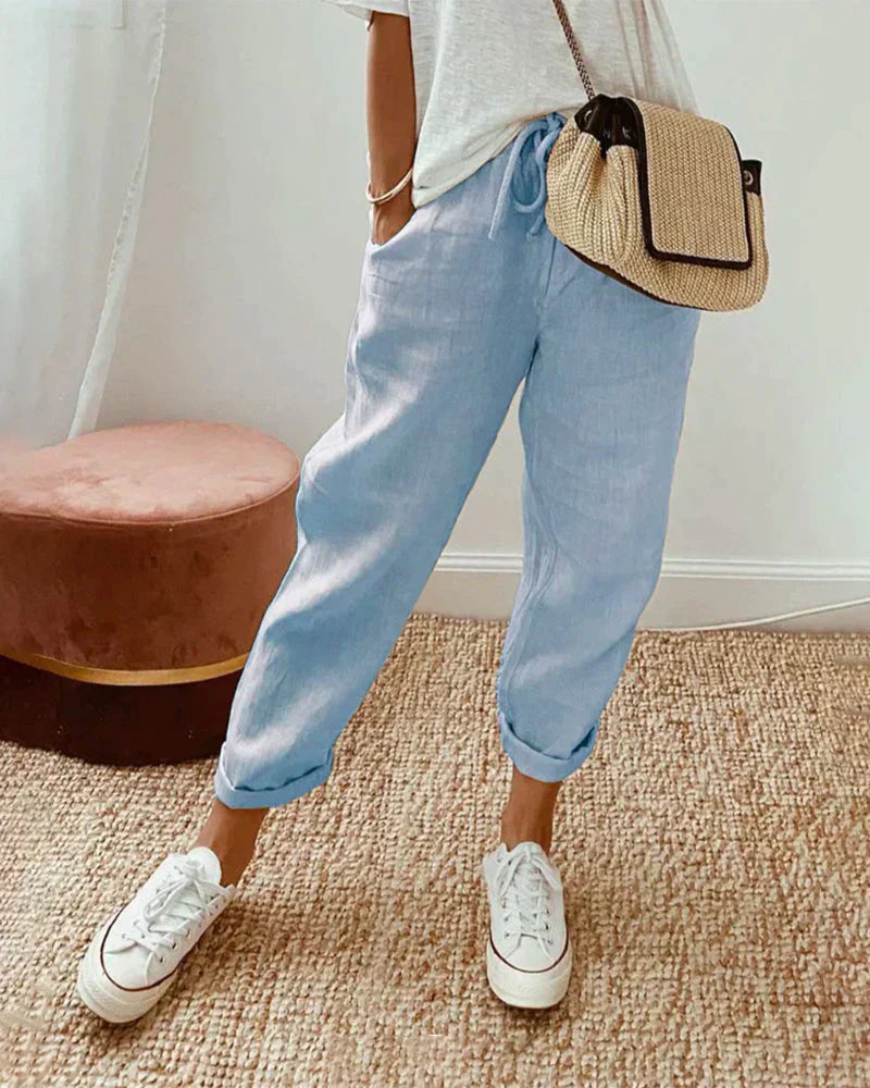 Cropped drawstring trousers, loose relaxed fit, light blue, cuffed ankle hem