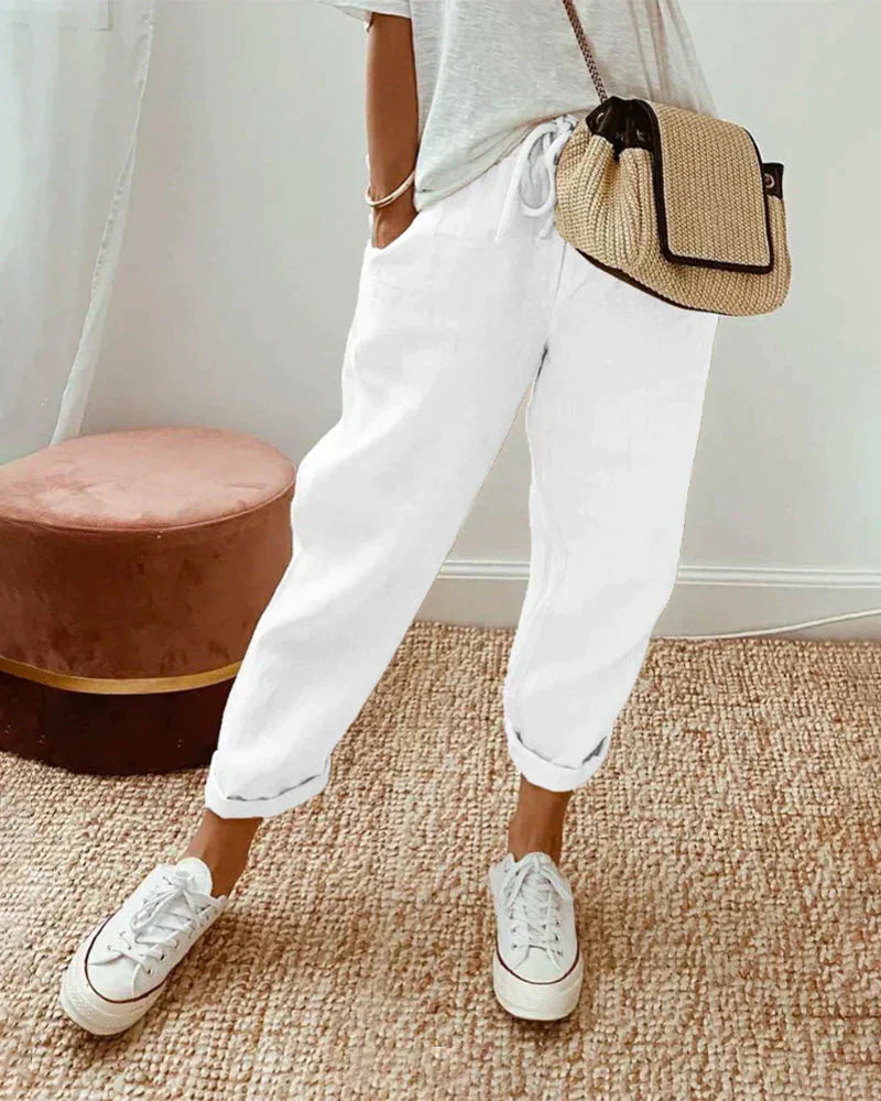 Cropped drawstring trousers, loose relaxed fit, white, cuffed ankle hem
