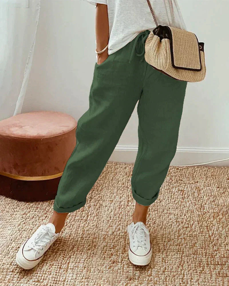 Cropped drawstring trousers, loose relaxed fit, dark green, cuffed ankle hem
