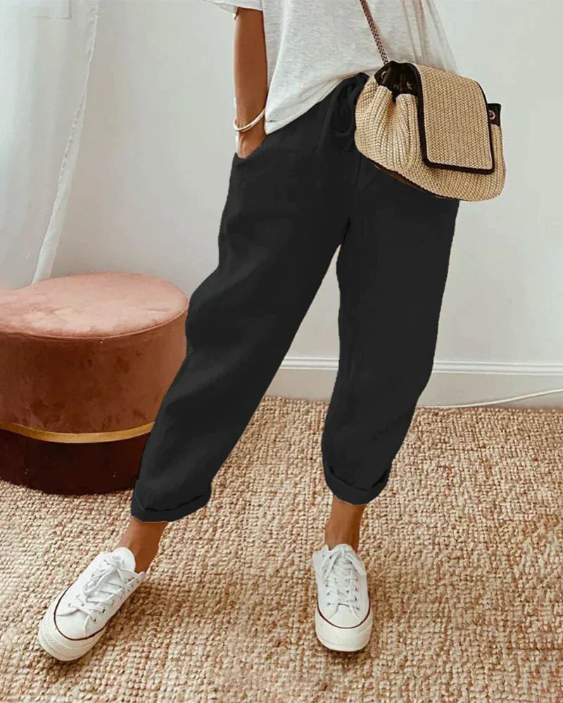 Cropped drawstring trousers, loose relaxed fit, black, cuffed ankle hem