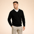 Black cashmere V-neck sweater with long sleeves, ribbed collar, cuffs, and hem.