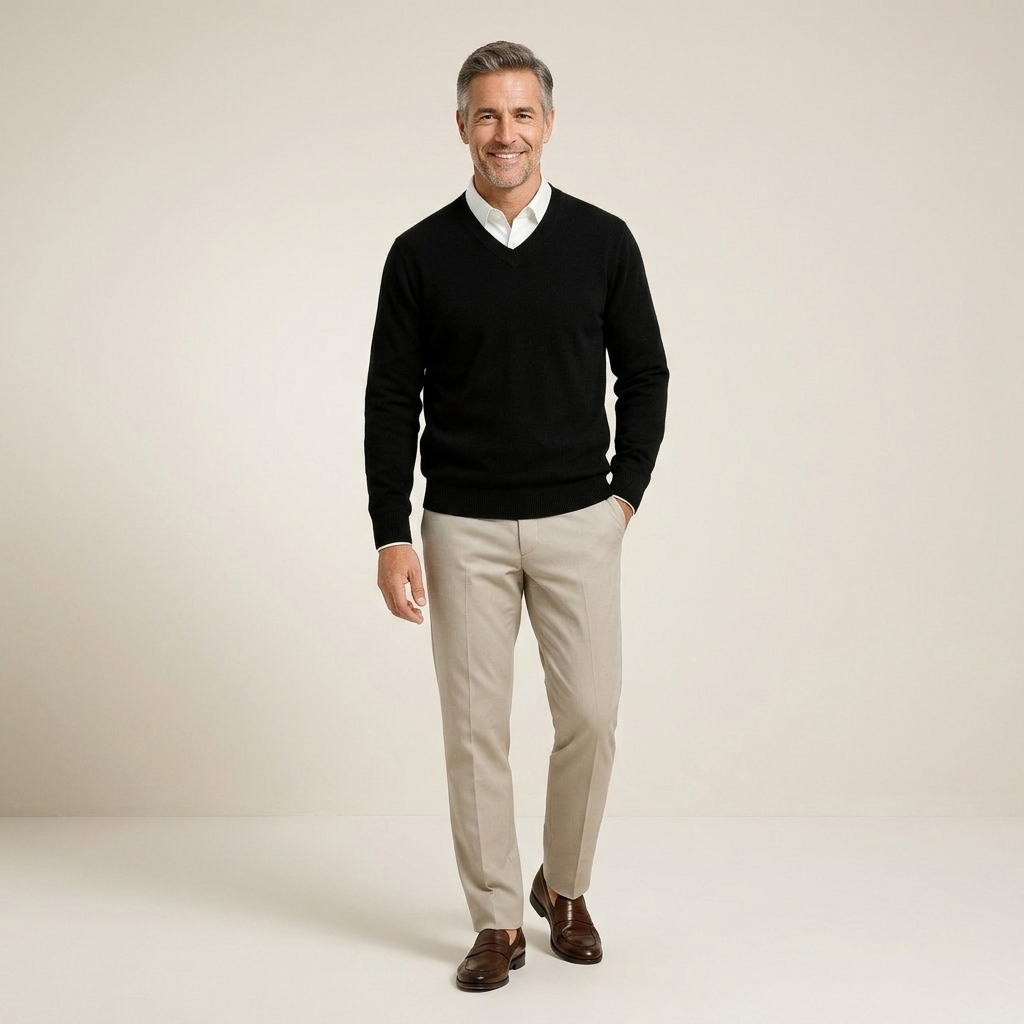 Black men's slim-fit cashmere V-neck sweater, fine knit, long sleeves