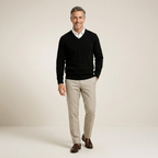 Black men's slim-fit cashmere V-neck sweater, fine knit, long sleeves