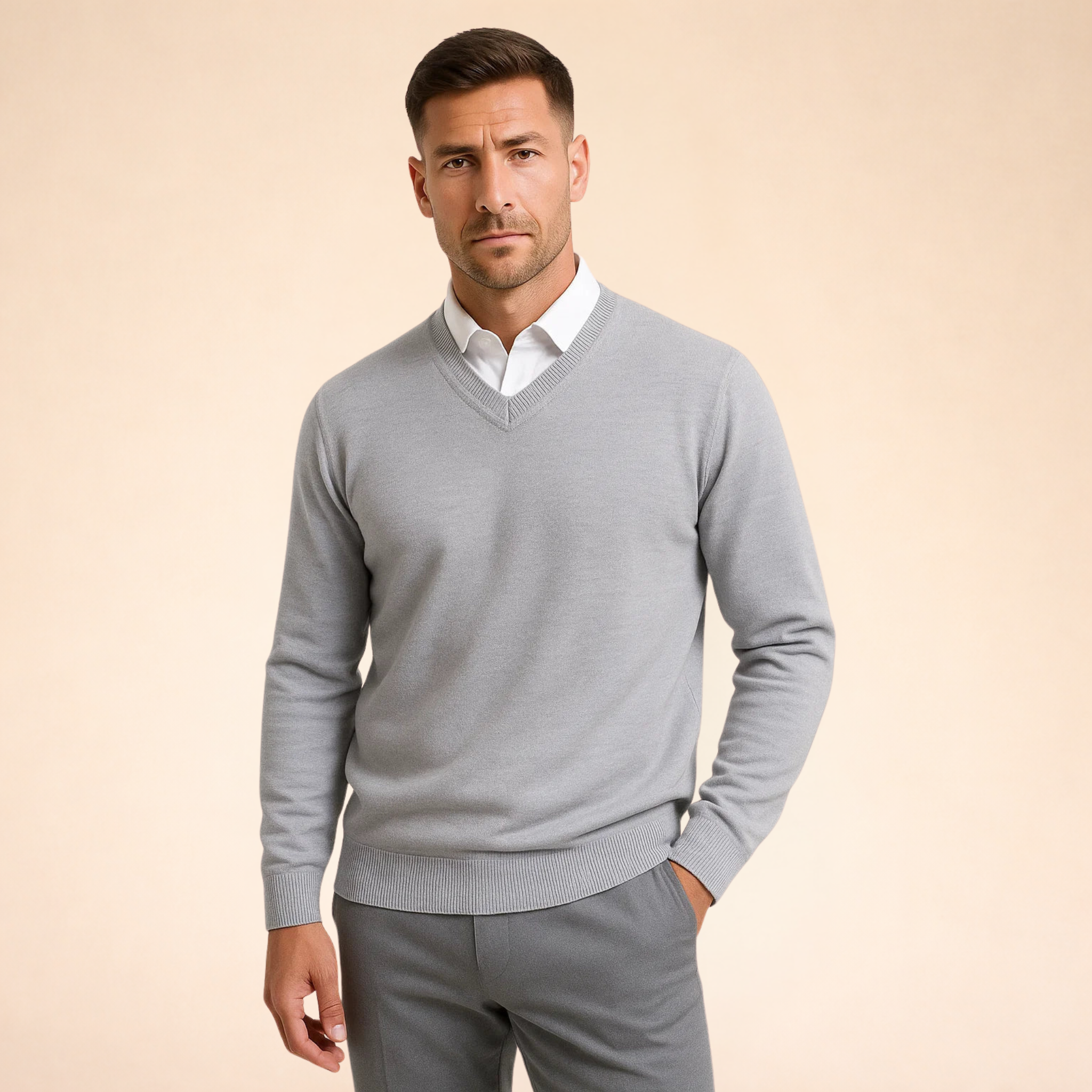 Gray cashmere V-neck sweater with long sleeves and ribbed trim at neckline, cuffs, hem.