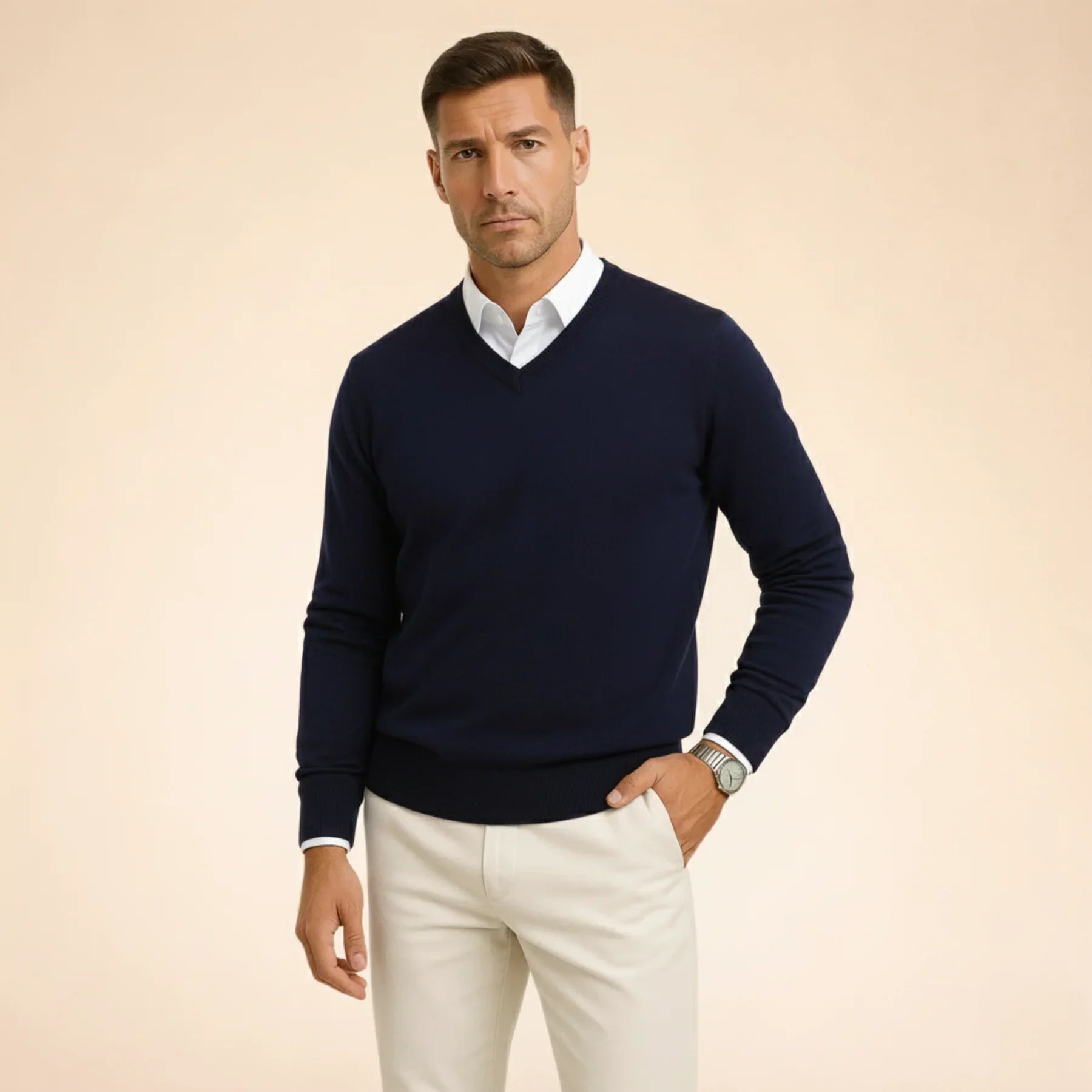 Navy cashmere V-neck sweater with long sleeves and ribbed neckline, cuffs, and hem.