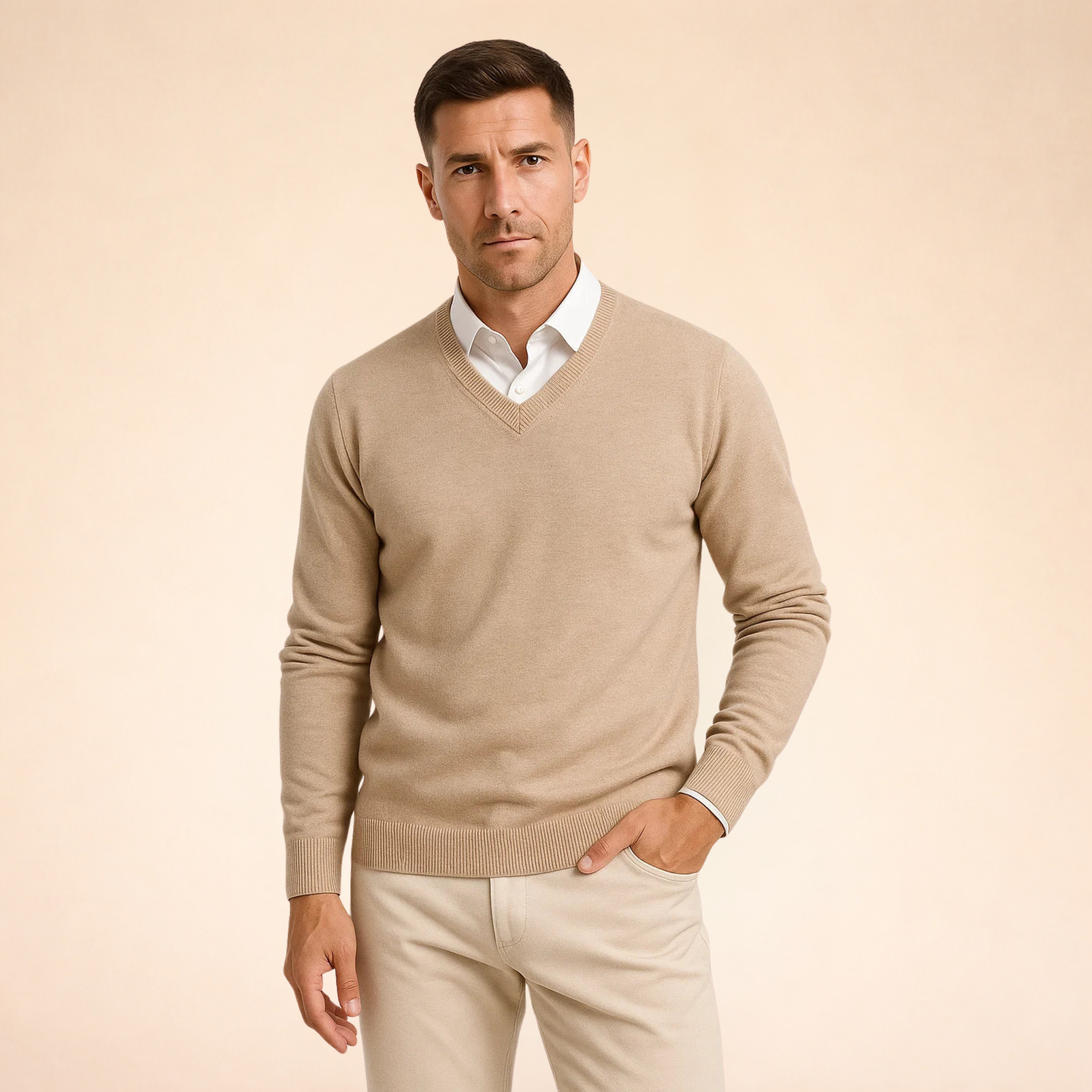 Camel cashmere V-neck sweater with long sleeves and ribbed trim at neckline, cuffs, hem.