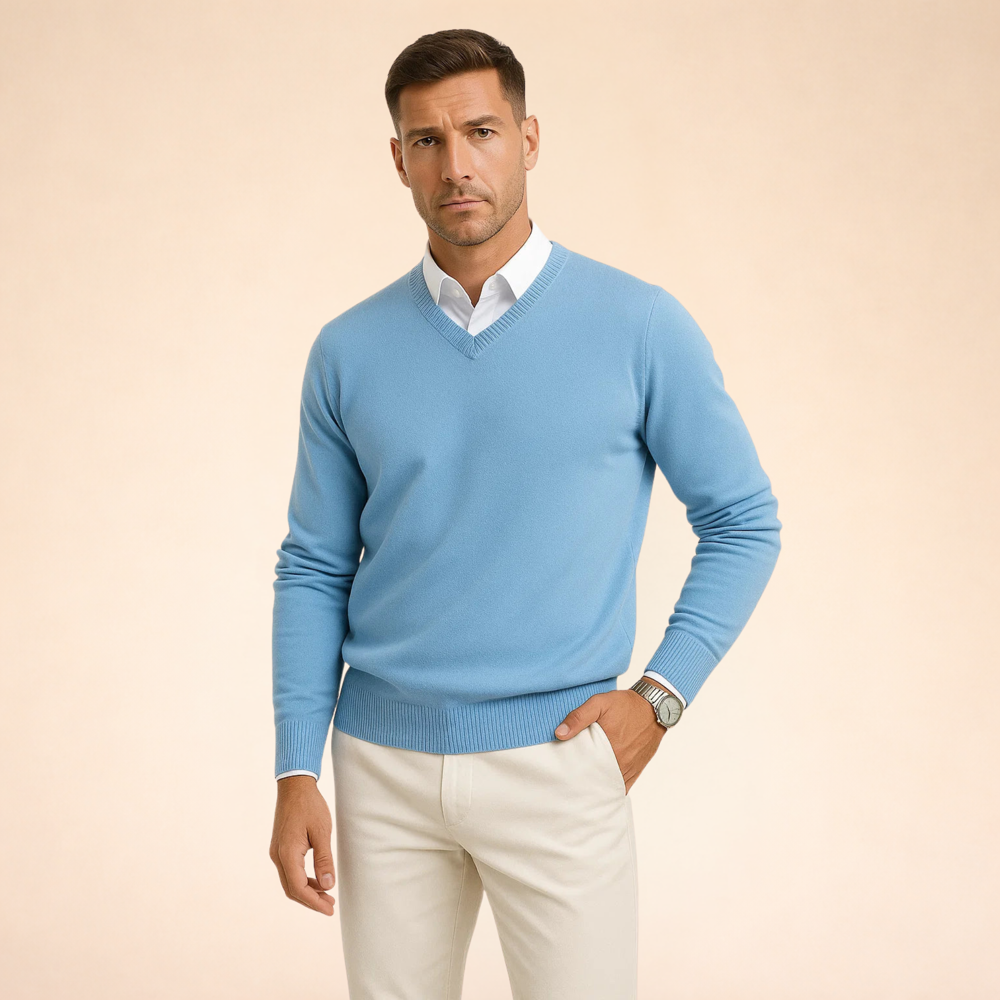 Light blue cashmere V-neck sweater with long sleeves and ribbed neckline, cuffs, hem.