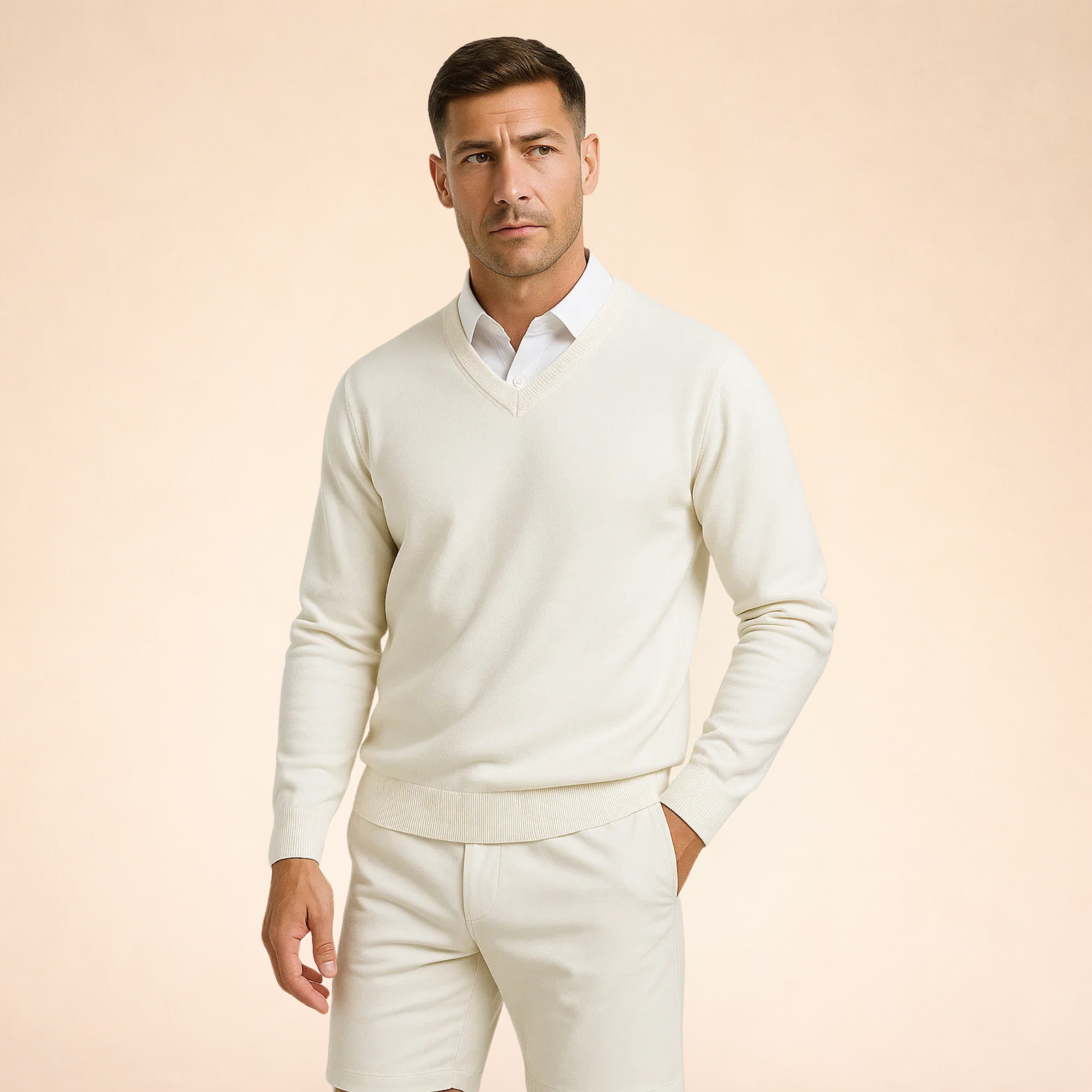 White cashmere V-neck sweater with long sleeves, ribbed collar, cuffs, and hem.