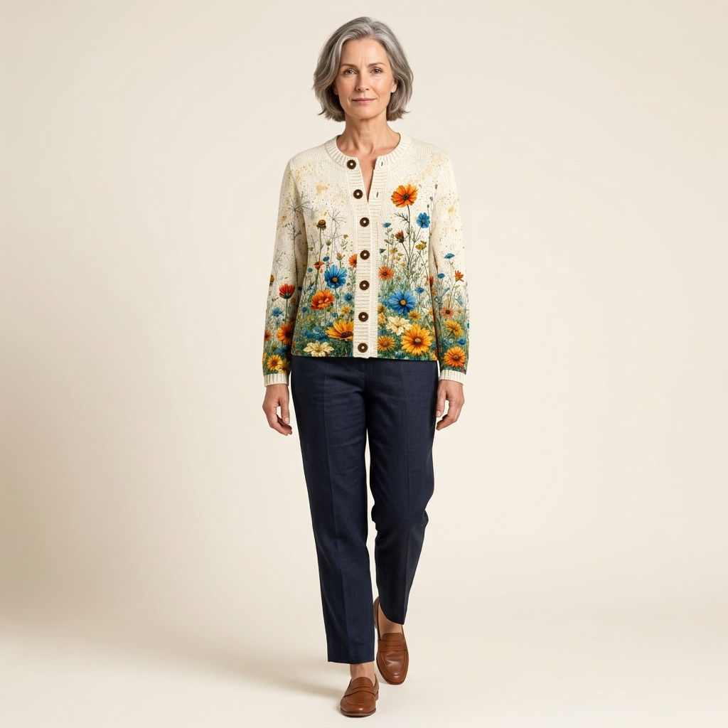 Women’s floral knit open-front cardigan in cream with multicolour flowers and buttons