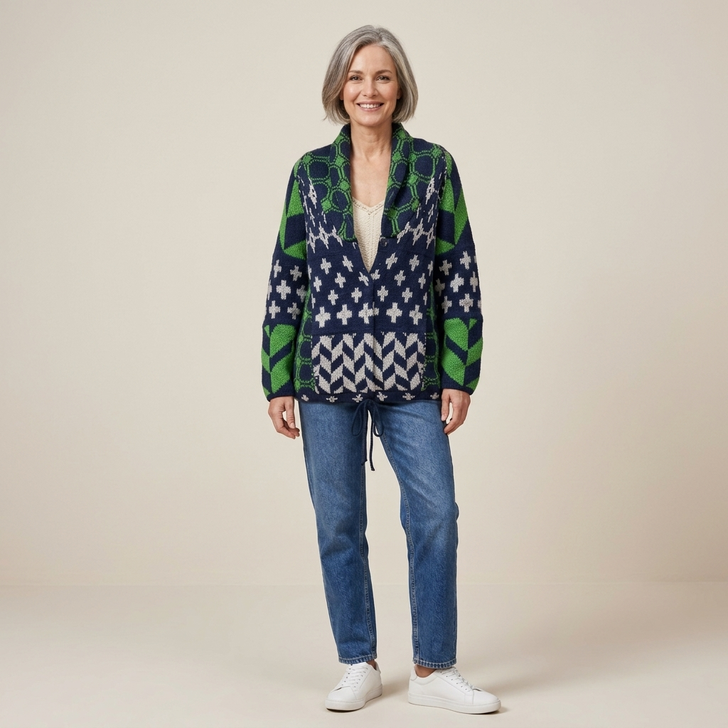 Oversized button knit cardigan with geometric pattern, dark green and navy