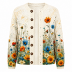 Women’s floral knit cardigan, cream button-front with long sleeves and multicolor flower print