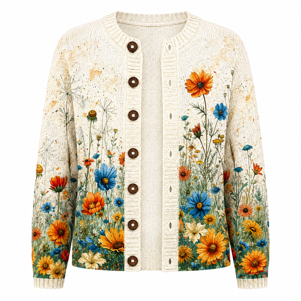 Women’s floral knit cardigan, cream button-front with long sleeves and multicolor flower print