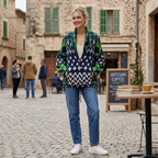Green button-front knit cardigan with oversized relaxed fit, geometric pattern