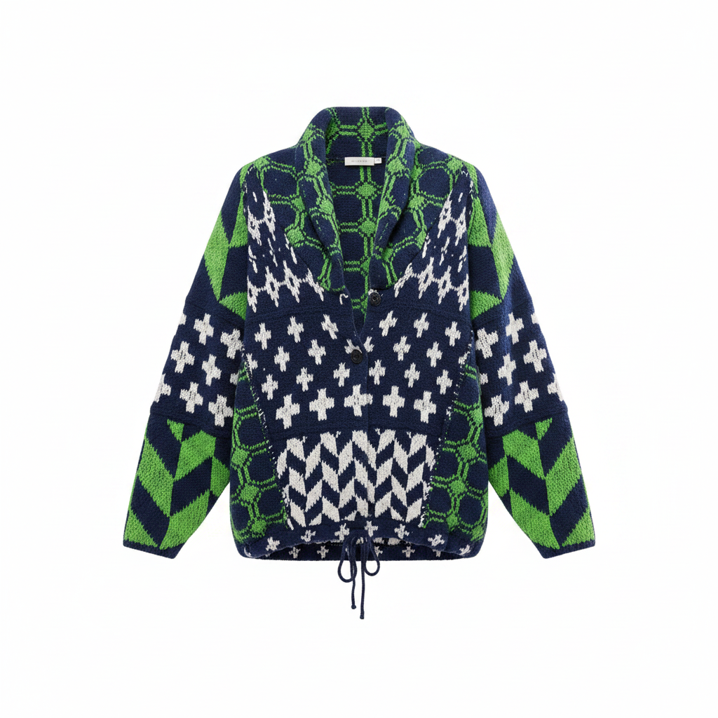 Navy oversized knit cardigan with green and white cross patterns and zigzag bands.