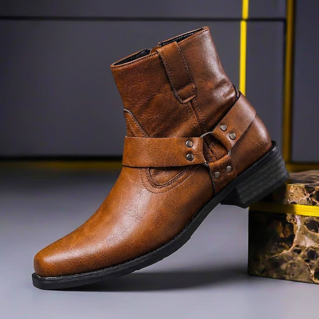 Men's heritage leather boots in cognac brown, side strap with buckle detail