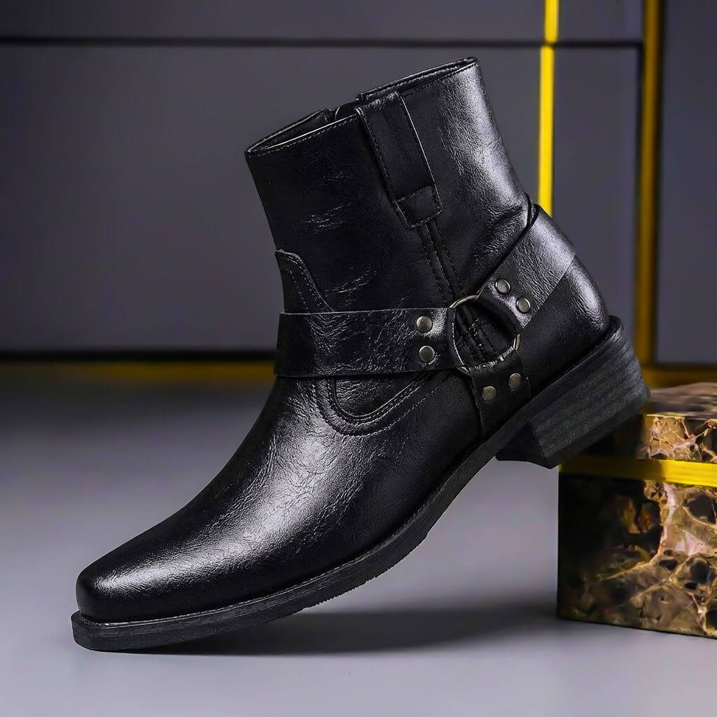 Men's heritage leather boots in obsidian black, side strap with buckle detail