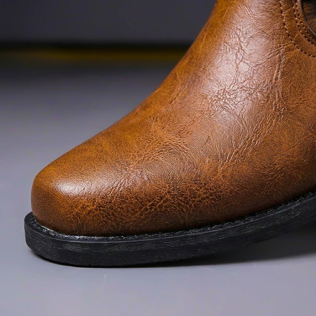 Men's cognac brown leather heritage boot toe with textured finish and black sole