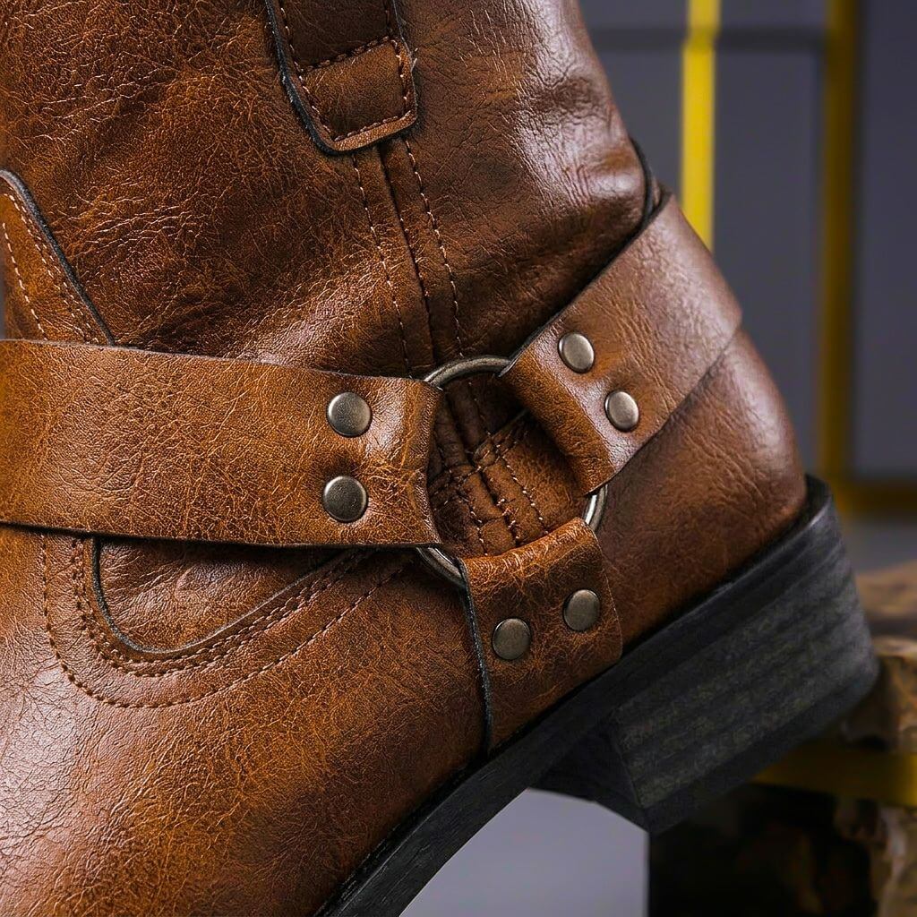 Men's cognac brown leather heritage boots, ankle straps with metal rivets