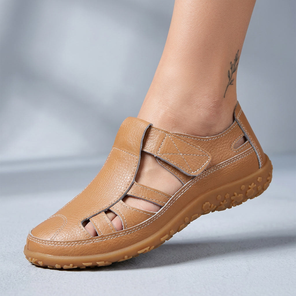 Women's orthopaedic sandals, tan leather-look upper with hook-and-loop straps