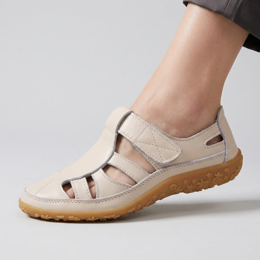 Women's orthopaedic sandals, beige leather-look upper with crisscross strap openings