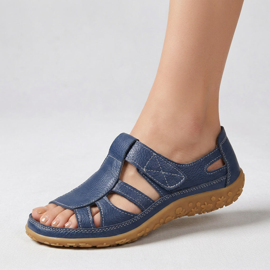 Women's orthopaedic sandals, navy leather-look upper with side cutout strap