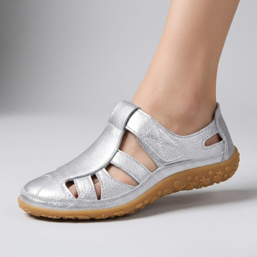 Women’s silver orthopaedic non-slip sandals with two straps and textured tan outsole