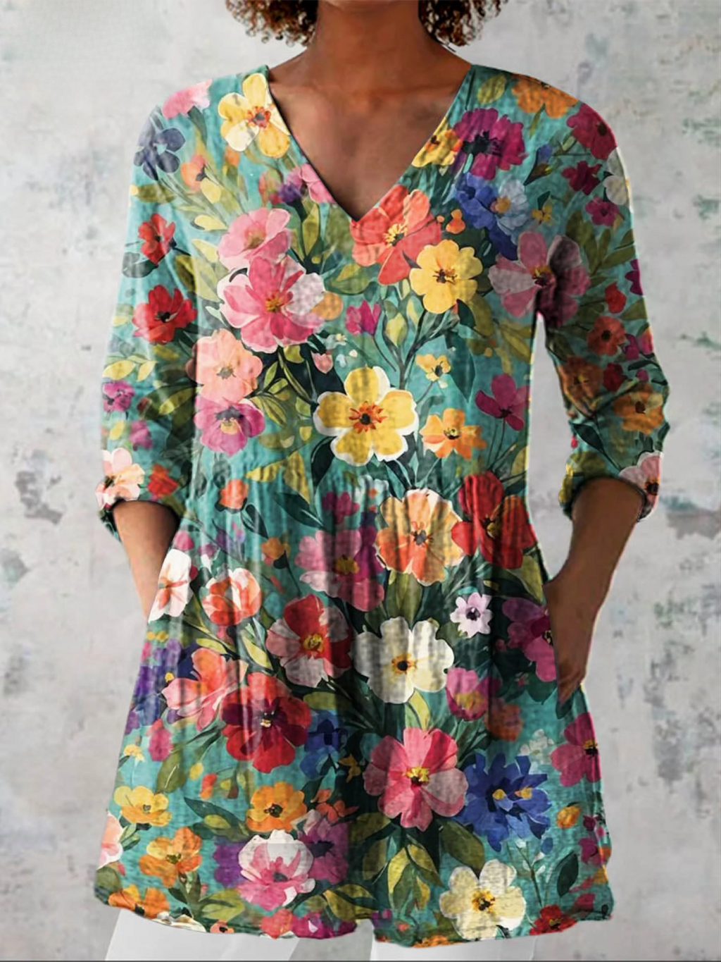 Multicolour floral long blouse with V-neck, long sleeves, gathered waist