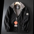 Black premium fleece vest with gray stand collar and full-zip front.